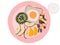 Diet food plate , plate with a keto diet food . Fried egg ,bread,apples,orange,milk,beans,soils,peanuts,cookies . Keto breakfast.