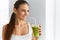 Diet. Healthy Eating Woman Drinking Juice. Lifestyle, Food. Nutrition Drinks.