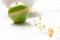 Diet and Healthy life loss weight Concept. Green apple and Weight scale measure tap