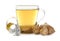 Diet herbal tea, ginger and measuring tape on background