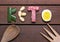 Diet, keto word on wood background