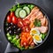 Diet lunch bowl with salted salmon fish, cucumber, olives, tomatoes, green lettuce salad and chicken eggs. Top view. Genrative AI