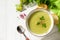 Diet menu. Healthy eating concept. Mashed soup with broccoli with garlic croutons