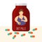 Diet pills vector illustration. Fat person on bottle of diet pillls holding unhealthy food and medicine to lose weight