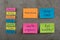 Diet plan concept - Many colorful sticky note with words nutrition, eat healthy, stop gmo, 100 percent organic and days of week