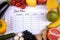 Diet plan sheet with fruit and vegetables.