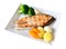 Diet salmon dish with vegetables. Omega Vitamins.