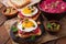 Diet sandwiches with beet root hummus, capers