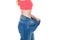 Diet slim woman shows her weight loss in wearing her old blue jeans profile side view