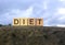 Diet text on wooden cube block on top of big stone with blurred tree and sky background