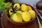 Diet or vegan food. Russian rustic cuisine: boiled potatoes close up