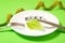 Diet, weigh loss, healthy eating, fitness concept. Small portion of food on big plate. Small green salad leaf on white plate with