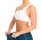 Diet, weightloss and woman holding jeans with thin waist, cropped and  on white background. Fitness, health and