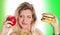 Diet:woman in trouble between apple or hamburger