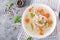 Dietary chicken soup with rice and carrots. Healthy food.