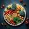 Dietary menu. Fresh vegetables in a healthy salad with tomatoes, avocado, arugula, radish, and seeds in a bowl. vegan cuisine Lay