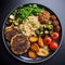 Dietary menu. Fresh vegetables in a healthy salad with tomatoes, avocado, arugula, radish, and seeds in a bowl. vegan cuisine Lay