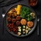 Dietary menu. Fresh vegetables in a healthy salad with tomatoes, avocado, arugula, radish, and seeds in a bowl. vegan cuisine Lay