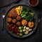 Dietary menu. Fresh vegetables in a healthy salad with tomatoes, avocado, arugula, radish, and seeds in a bowl. vegan cuisine Lay