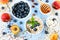 Dietary products - oatmeal, fresh berries and fruit, flax, honey