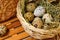 Dietary quail eggs in a basket. Easter.