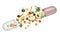 Dietary supplements. Capsule and different fresh vegetables and fruits flying on white background