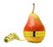 A dieter pear measures his waist and is pleased to note that everything is fine with the size..Symbol of proper nutrition.