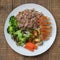 Dietetics Healthy Buckwheat Beef Meat Breast Chicken Chicken Salad Cabbage Brussels Carrots Rustic Wood Background