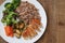 Dietetics Healthy Buckwheat Beef Meat Breast Chicken Chicken Salad Cabbage Brussels Carrots Rustic Wood Background