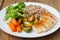 Dietetics Healthy Buckwheat Beef Meat Breast Chicken Chicken Salad Cabbage Brussels Carrots Rustic Wood Background