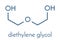 Diethylene glycol chemical solvent molecule. Highly toxic. Used as adulterant in wine, syrups and counterfeit drugs. Skeletal.