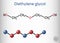 Diethylene glycol, DEG molecule. It is diol, solvent. Structural chemical formula and molecule model. Sheet of paper in