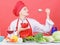 Dieting concept. Eat healthy. Healthy ration. Girl wear hat and apron try mushroom taste. Woman professional chef hold