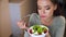 Dieting Nutrition. Woman Eating Vegetable Fresh Salad Closeup
