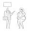 Dietitian talking with fat man, hand-drawn vector illustration. Black outlines, white