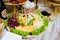 Diferrent cheese, meat and salads on wedding reception.