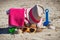 Different accessories for relax or sunbathing and children toys for playing on beach. Travel and vacation time