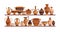 Different ancient greek ceramic dishware on shelves vector flat illustration. Clay pots, vases, amphoras, jars and bowls