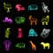 Different animals neon icons in set collection for design. Bird, predator and herbivore vector symbol stock web