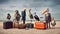 Different anthropomorphic birds dressed as people migrants with suitcases on the seashore created with Generative AI