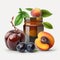 Different appetizing tasty plums and a jar of plum marmalade jam nearby, isolated on a white background close-up,