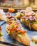 Different assorted canapes of bread with crab, ham and vegetables