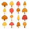 Different Autumn trees with falling leaves color flat icons set