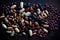 Different beans, legume seeds, different colors and shapes on black, food background, wholesome healthy food,