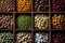 Different beans neatly organized in small wooden forms, seen from above