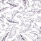 Different beans pods and grains monochrome seamless pattern. Various natural bean plant stem and leaves isolated on