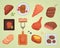 Different beef steak raw and grilled meat food barbecue bbq ingredient vector illustration