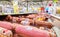 Different boiled sausages ready for sale at the hypermarket