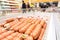 Different boiled sausages ready for sale at the hypermarket