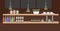 Different bottles cups jars various food ingredients drinks and utensils on shelf restaurant pub or cafe decoration flat